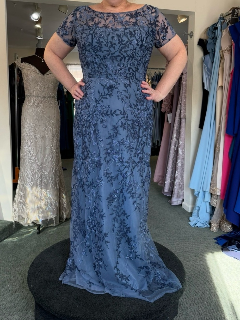 Mother of the bride/groom- La Femme Navy Blue Lace Appliqué Short Sleeve Gown